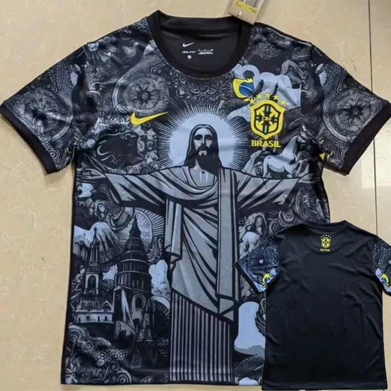 Maillot de football Jesus The Reedemer édition spéciale noire du Brésil 2024-25